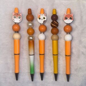 5 piece- orange cat themed handcrafted beaded pens set.